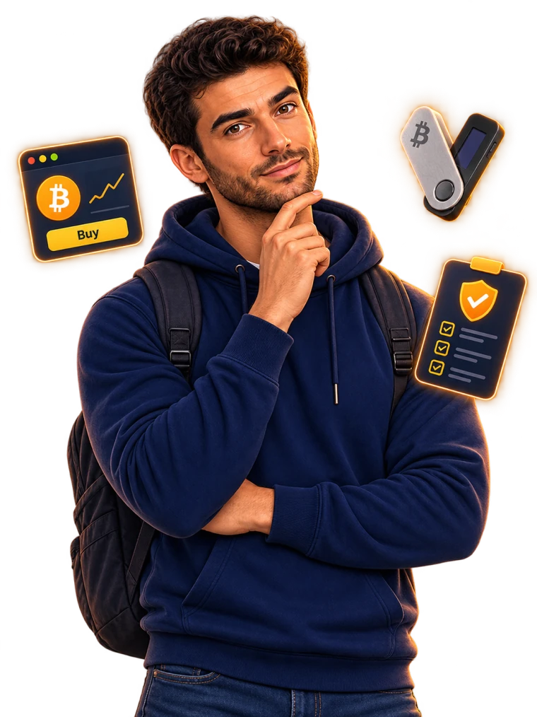 Ο Alex με σύμβολα για αγορά bitcoin, hardware wallet και ασφάλεια