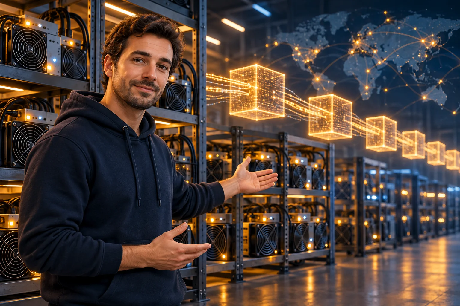 Ο Alex με navy hoodie παρουσιάζει ASIC miners και μια φωτεινή αλυσίδα blocks σε ένα παγκόσμιο δίκτυο.