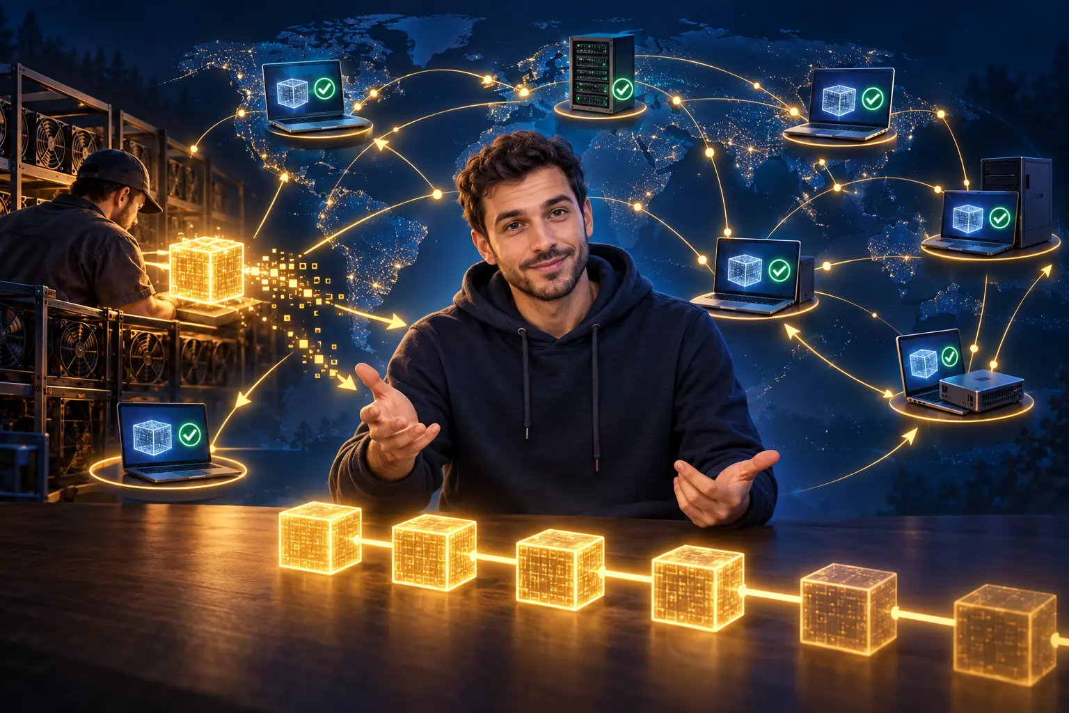 Alex in a navy hoodie in front of a global network of computers verifying blocks, with a miner on the left and glowing green verification symbols.