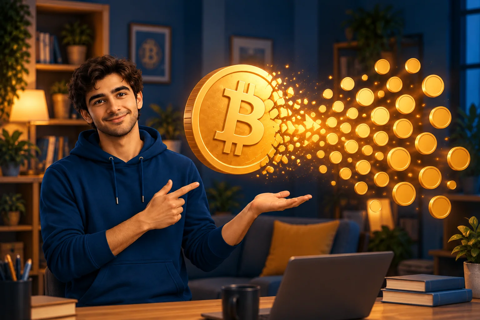 Alex showing one bitcoin breaking into many smaller units