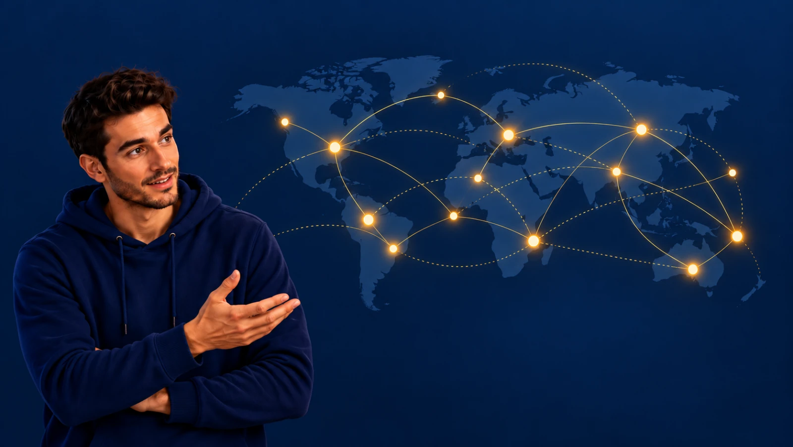 Alex in front of a distributed Bitcoin network