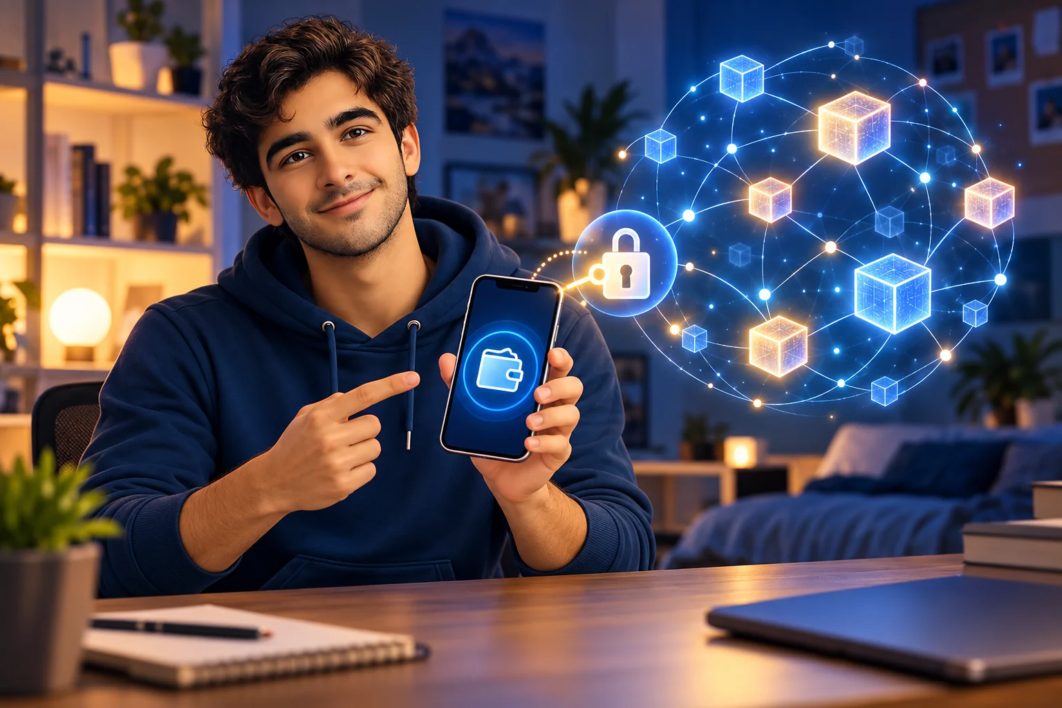 Alex holding a phone wallet visually connected to a distributed digital network.